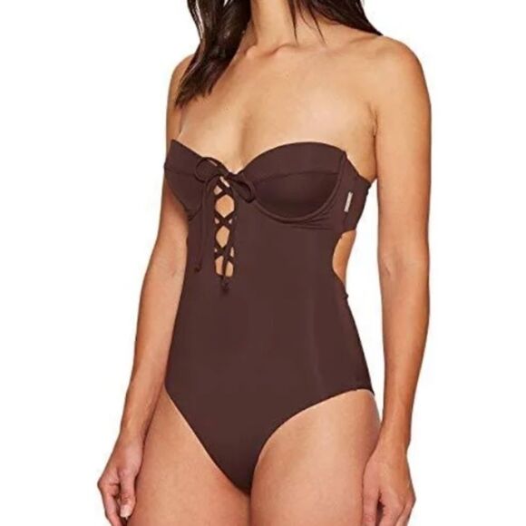 NEW Mara Hoffman Lattice Underwire One Piece Swimsuit Brown Size XL - Picture 3 of 14